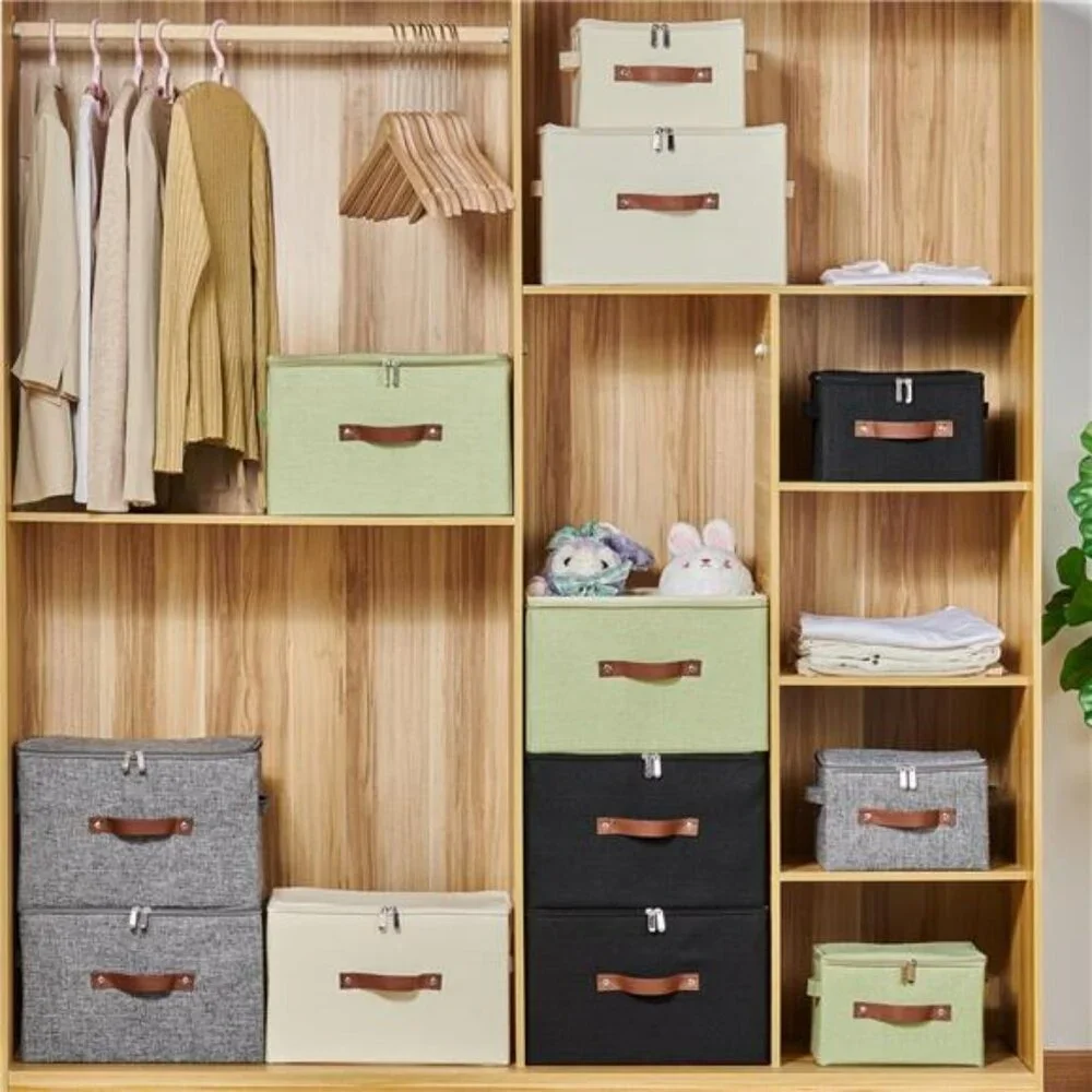 Fabric storage bin with zipper lid foldable closet organizer box with handles